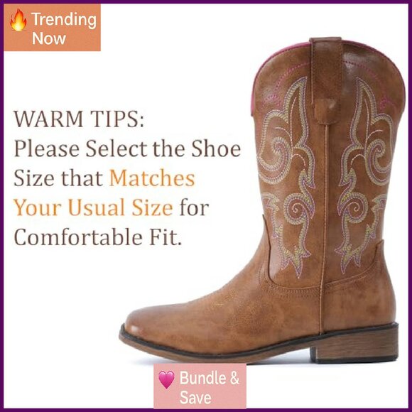 Women's Square Toe Embroidered Cowboy Boots Mid Calf Pull On Western Fashion - Picture 5 of 8